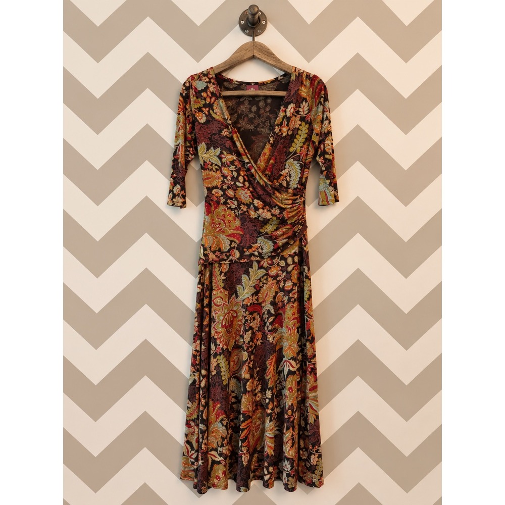 Salaam Faux Wrap Dress Paisley Floral Ruched Crisscross Top Midi Med  EUC